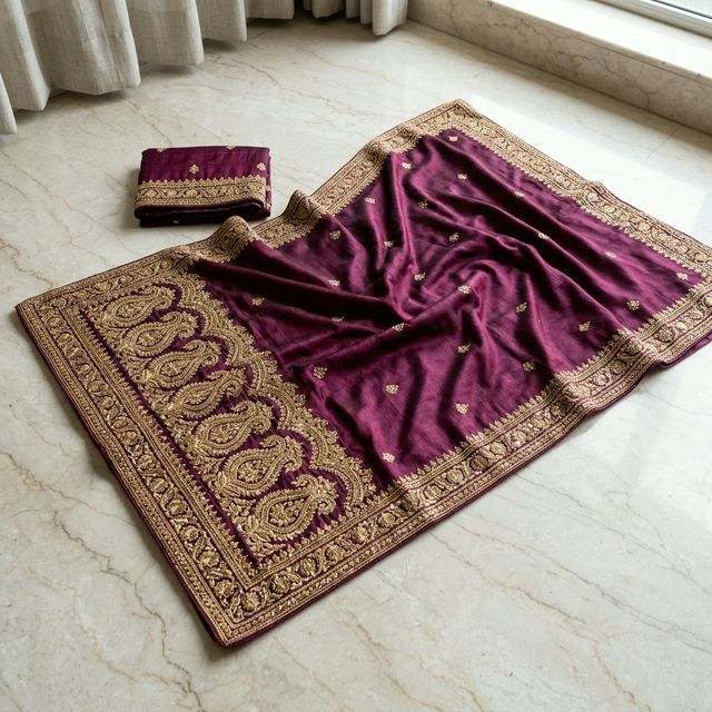 Embroidered Silk Saree in Plum
